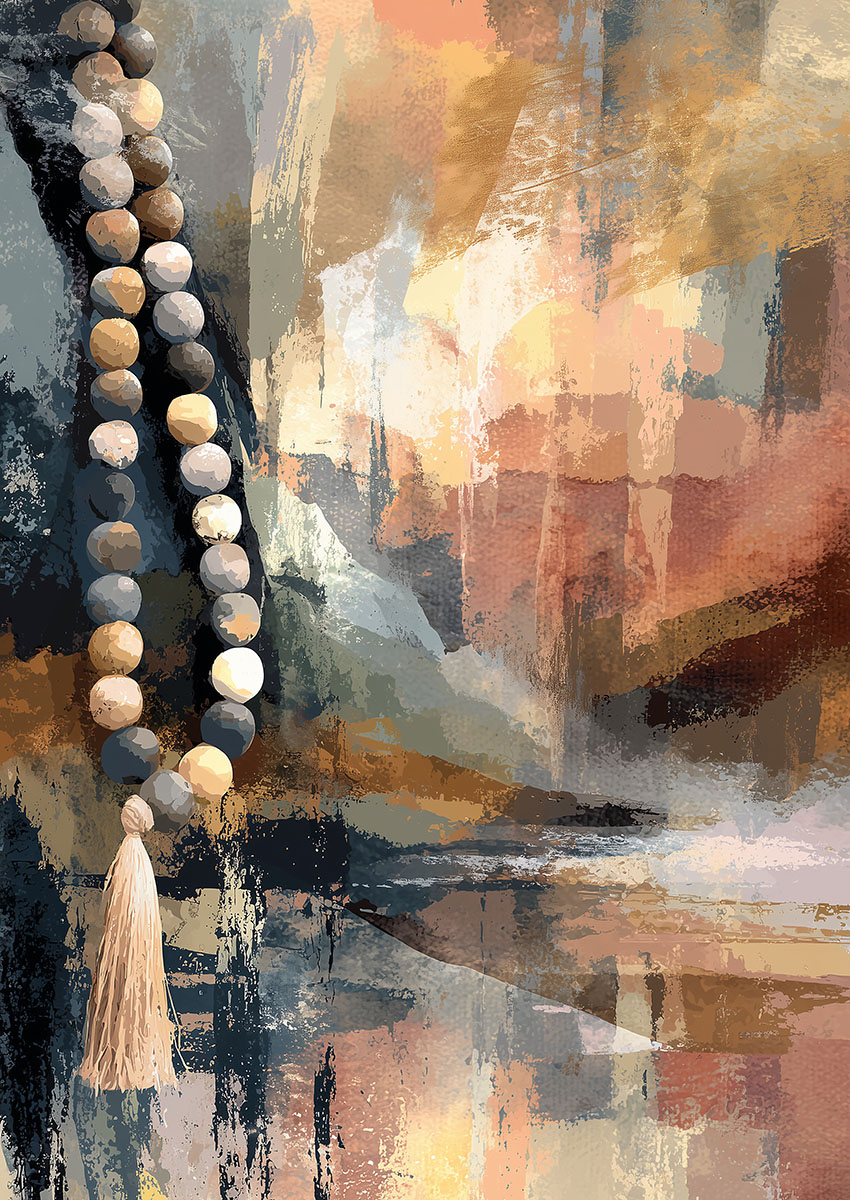 Artistic depiction of abstract beaded malas against a textured background in earthy tones.